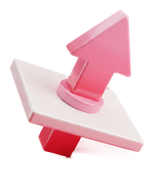 The Proxy mark: a clear clay arrow driving up through a frosted slab, set in a brushed chrome collar